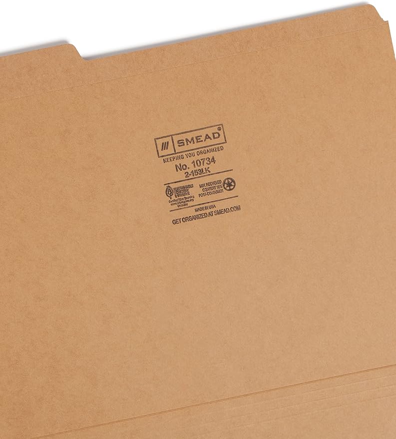 Smead File Folder, Reinforced 1/3-Cut Tab, Letter Size, Kraft, 100 Per Box (10734)