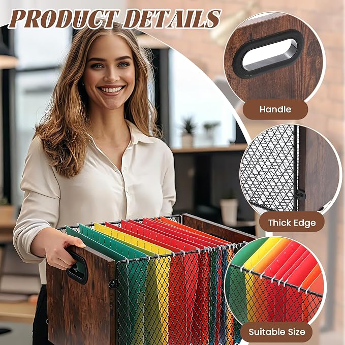 Yalikop Rustic Brown Wood File Box Organizer, Hanging Folder Storage Boxes, Filing Crate Bin Holder with Handle for Home Office Desk, Letter Size