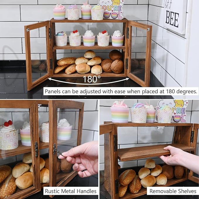 MOOCA Wood Glass Display Case with Double Doors, 2-Level Shelf, Brown | Brown wood-and-glass case with double doors and adjustable 2-level shelves displays collectibles, jewelry, or pastries.