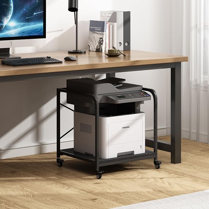 Fannova 2 Tier Under Desk Printer Stand with Storage, 20 Inches Deep Large Printer Table with Height Adjustable Shelf, Rolling Printer Cart with Wheels for Home Office - Black | Large Table Top 20"x20" for 3D/Laser Printer, Heavy Duty Industrial Wheels...