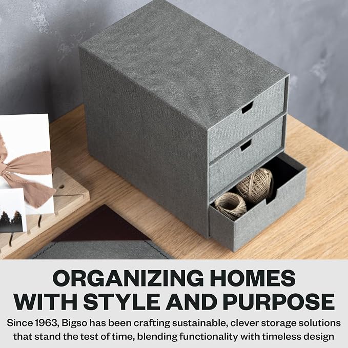 Bigso Box of Sweden Ingrid 3-Drawer Canvas Fiberboard Desk Organizer for Office Supplies and Accessories - Stackable Makeup Drawer Organizer - 6.3in x 9.9in x 8.1in - Grey