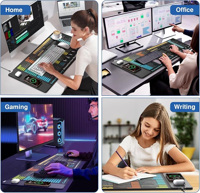 Wireless Charging Mouse Pad with Excel Formulas Shortcuts, 31.5"x15.8" in | Office Spreadsheet Cheat Sheet Desk Mat, Waterproof Easy Gliding Surface, Non-Slip Base, with 20W PD Adapter