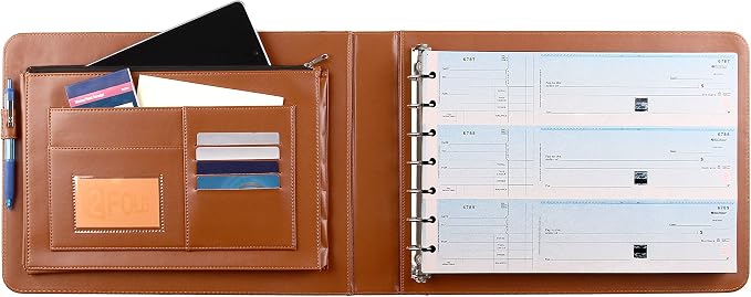 2Fold Business Check Binder 7 Ring for 3-Up Business Size Checks with Extra Business Card Case - PU Leather Deluxe 7 Ring Checkbook Binder Portfolio with 600 Check Capacity and Storage
