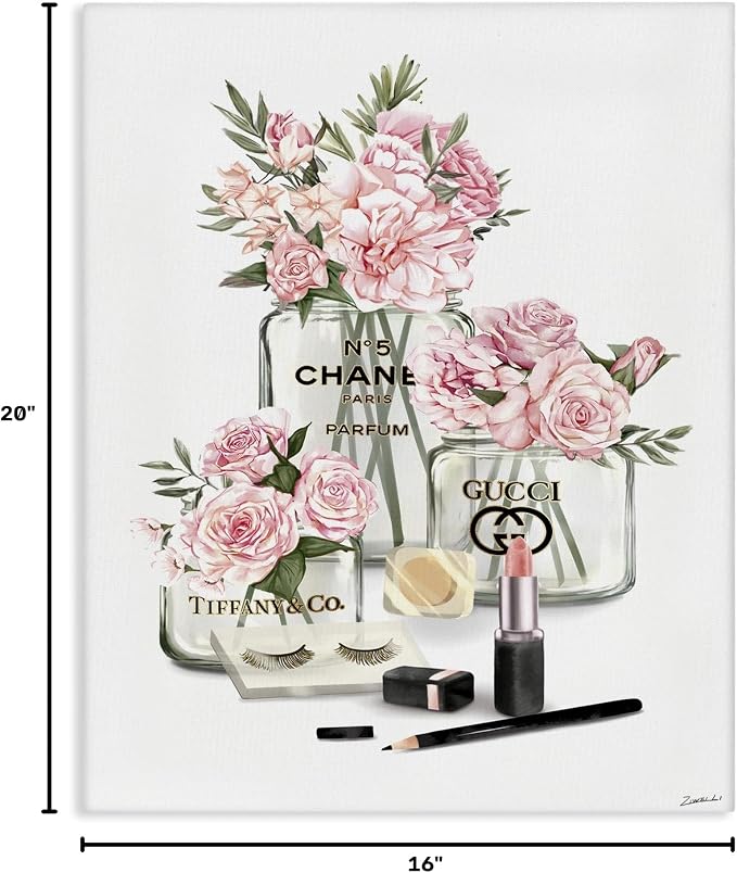 Pink Rose Florals Glam Fashion Jars, 16 x 20 Inch Canvas Wall Art | Stupell Industries · By Ziwei Li · Ready to hang · Elegant gift for glam decor · Made in USA