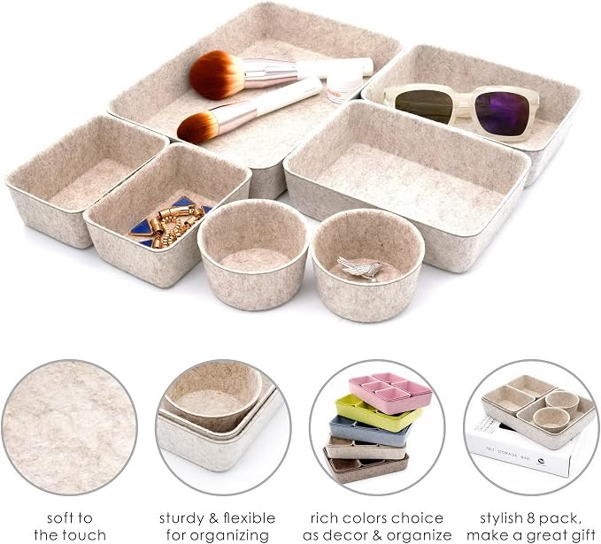 7pc Scandinavian Felt Desk Drawer Organizer Oatmeal Catchall Tray | Sustainable material soft yet sturdy,multi-purpose storage, sleek minimalist lifestyle