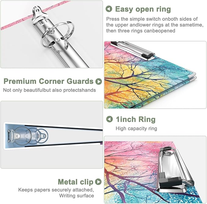 Rouidr 3 Ring Binder with clipboard, 1 inch 8.5 x 11 in Letter Size View Binders Organizer with Dividers Tabs & Clear Sleeves, School Supplies, Office Supplies