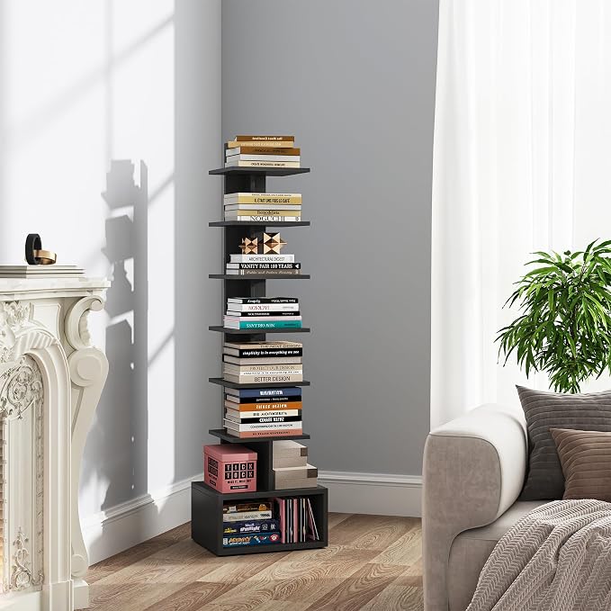 TUTOTAK Book Shelf, Narrow Spine Bookshelf, 8-Tier Bookcase for Small Space | 10.4 x 11.8 x 47.5 Inches Vertical Freestanding Corner Shelf for Living Room, Office, Study, Entryway, Black BS07BK008