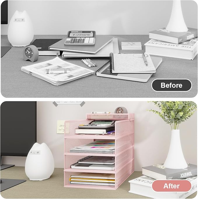 Natwind 4-Tier Stackable Metal Mesh Letter Paper Tray Organizer,Pink | Desk Organizer For Paper,Document,Mail Tray For Office Supplies,File Holder For Home Office School Classroom Organization