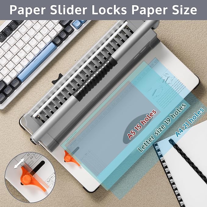 OFFNOVA Binding Machine, 21-Hole 450 Sheets Paper Comb Binding Machine for Letter Size / A4 / A5 Paper, Easy to Punch Handle, Adjustable Margin, Book Binder with 100 PCS 3/8'' Comb Binding Spines