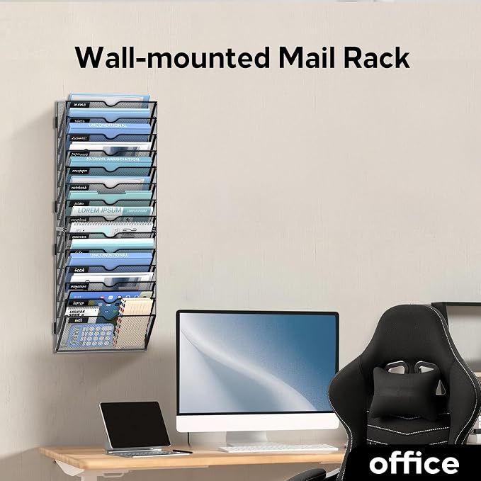 14-Tier Wall File Organizer and Hanging File Organizer, Black, 2Pack | Wall Organizer and Wall Mounted File Holder with 14 Pockets and Label Panels for Files, Mail, Folders, Magazines and Paper