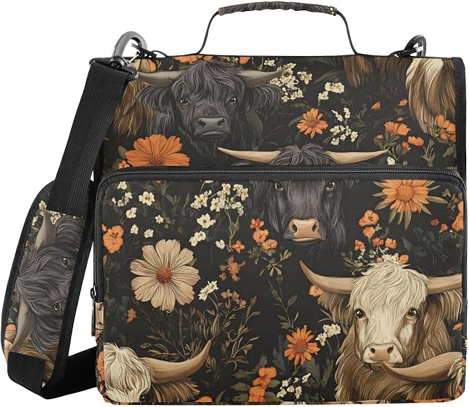 ALAZA Zipper Binder 3 Ring Dark Highland Cows Vintage Binder Organizer with Zipper and Shoulder Strap Large Capacity Multi-Pocket Trapper Keeper File Folder for Office Supplies