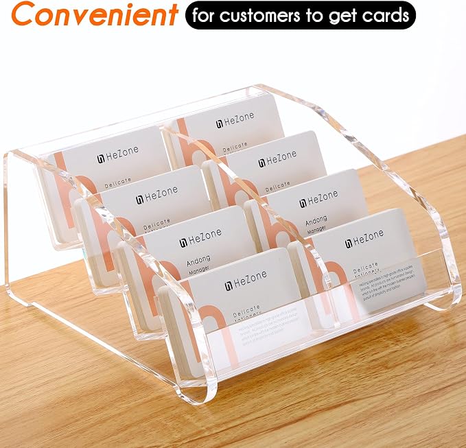 HeZone Business Card Holder for Desk Clear Acrylic Cards Stand Rack Multiple 8 slots 4 Tier, Business Card HolderDisplay for Women and Men Organize 400 Cards (8 Slots)
