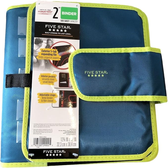 Mead Five Star Binder - Zipper 2 Inch 3-Ring Binder, Expansion Panel and Expanding File, 580 Sheet Capacity Assorted Colors