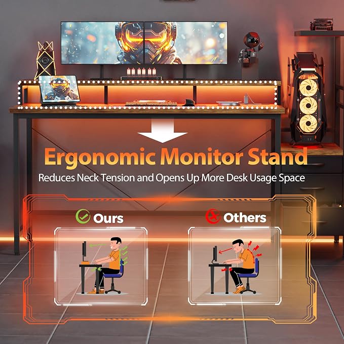68 inch Gaming Desk with Drawers, Reversible Computer Desk, Brown | Gamer Desk with LED Lights, Power Outlets & Monitor Stand, Large Office Table for Home Bedroom Study Work Writing