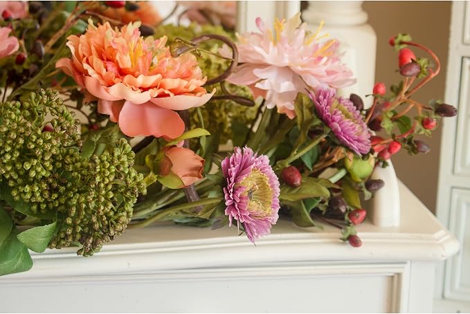 Nearly Natural 4665 Mixed Mini Peony Centerpiece Silk Flower Arrangement,10"D x 34"W x 6.5"H | Plush Pastel Petals, Rustic Intertwined Twigs, Maintenance-Free, Dining Table or Fireplace Mantel Accent