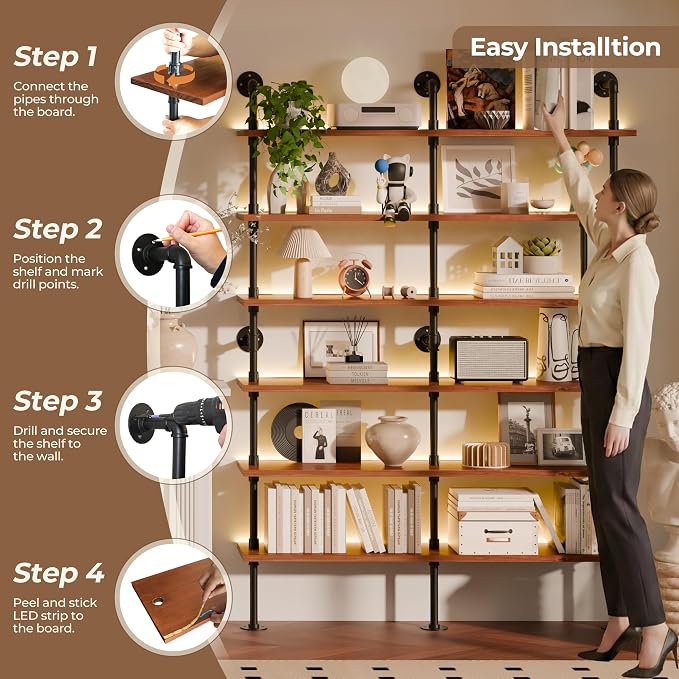 6-Tier LED Ladder Shelf, Wall Mounted Pipe Bookshelf, Walnut Brown 60 Inch | Solid pine 6-tier wall mounted pipe bookshelf with warm LED lights, 70 lb shelves, for books, plants and decor