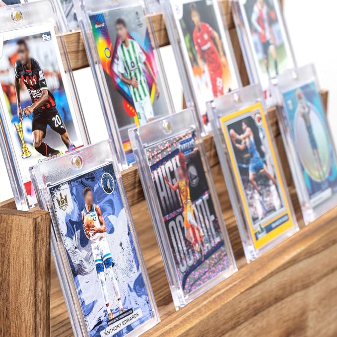 Emfogo Trading Card Display, 3-Tier Card Display Case with Custom Drawer, Wood Graded Card Display with Supporters and Dividers, Sports Card Display Case (Brown)