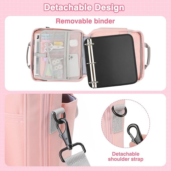 MoKo Zipper Binder Bag, 2-Inch 3-Ring, 500 Sheets, Pink | 6L water-resistant bag fits a 13-inch tablet and 14-inch laptop, with backpack, shoulder and hand carry options.
