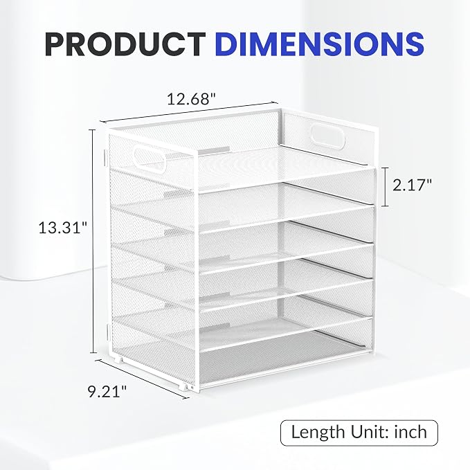 Daltack 6-Tier Paper Organizer for Desk with Handle, White, 2 Pack | Sturdy Metal Mesh Organizer with Movable Middle Trays and a Carry Handle for Papers, Folders and Office Supplies