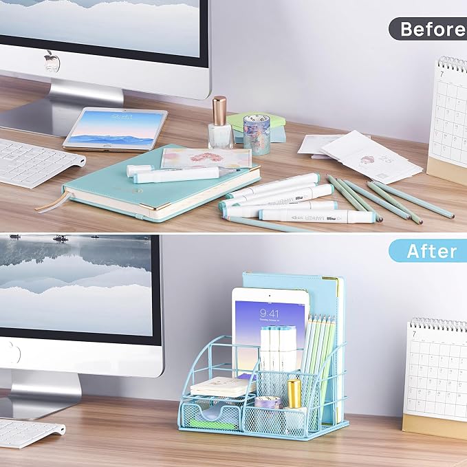 Scindaly Blue Office Desk Accessories Supplies, 10pcs Desk Organizers and Accessories with Tape Dispenser and Stapler,Staples,Scissor,Ruler,Sticky Tabs,Tape,Ballpoint Pen,Clips Set