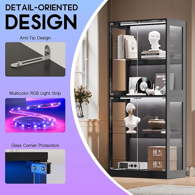 AMERLIFE 32-Inch RGB Display Cabinet with Glass Shelves | 70 H x 32 W x 16 D In, 4-Tier Storage, RGB LED Lights, Press-to-Open Doors, for Collectibles, Black