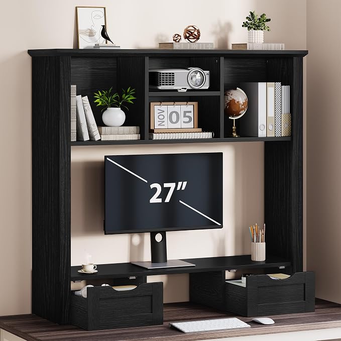 Desk Shelf with Computer Monitor Stand, 37.4''W Desktop Bookshelf | Display Rack, Desktop Organizer Storage Rack with Cubbies & Drawers, 5-Tier Hutch for Home, Office, Dorm, Vanity, Black
