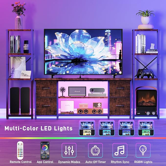 LED TV Stand Bookshelf Combo with Charging Station for 65 60 55 Inch TV, Entertainment Center with Lights & Drawers, Industrial Media TV Console Table for Living Room Bedroom Office, Rustic Brown