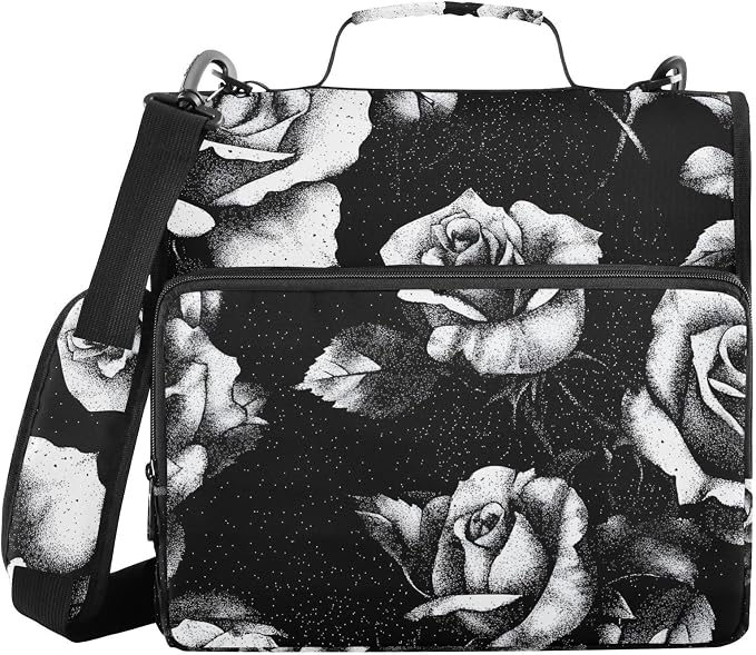 Black and White Roses 3 Ring Binder Bag 1.5 inch Binder Organizer with Zipper Shoulder Strap 500 Sheet Documents Storage for School Office