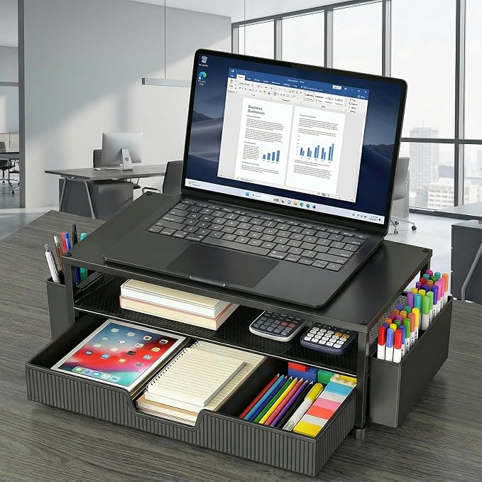 ECOLOVI Desk Organizer and Accessories, 2-Tier Computer Monitor Stand Rise with Storage Drawer & 2 Pen Holders, Laptop & Printer Stand for Desktop, Workspace Organizers for Office Supplies (Black)