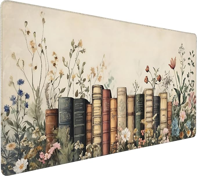 Floral Aesthetic Book Gaming Mouse Pad, Beige Vintage Botanical Desk Mat with Anti-Slip Base & Stitched Edges, Computer Keyboard & Laptop Pad, 35.4" x 15.7" in in Workstation Accessories