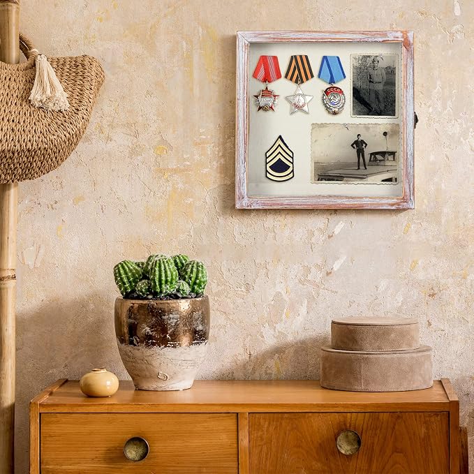 TJ.MOREE Shadow Box 12 x 12 Display Case Wood Picture Frame White Pink | Memory Box with Linen Back for Memorabilia, Bouquet, Military Medals, Pet Memorial Gifts