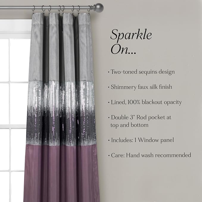 Lush Decor Night Sky 100% Blackout Lined Window Curtain Panel, Single, 42" W x 84" L, Purple & Gray - Sparkle Sequins & Color Block - Modern Glam Decor - Blackout Curtains For Bedroom & Living Room