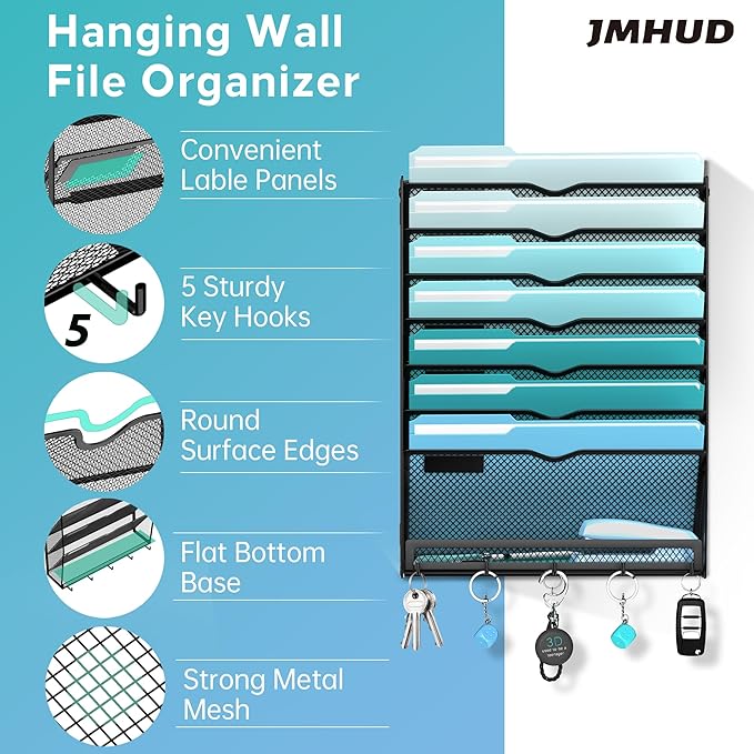 8-Tier Wall File Organizer and Mail Organizer with 5 Hooks, Black | Label slots, curved openings, 5 key hooks, and a bottom tray support organized mail, file, and everyday item storage.
