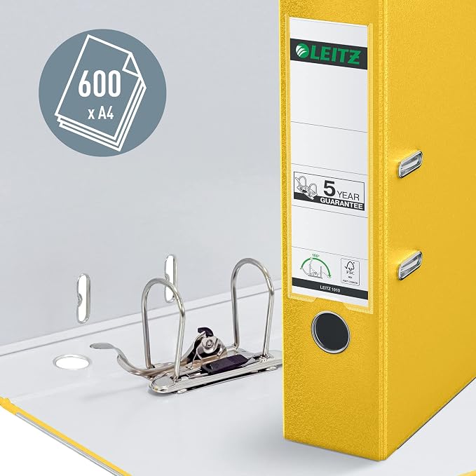 Leitz Plastic Lever Arch File, 90 Percent Recycled Card, 30 Percent Pre-Consumer Recycled Plastic, with Thumbhole and Rado Rings, 80mm Spine 600 Sheet Capacity, Yellow, 10101015