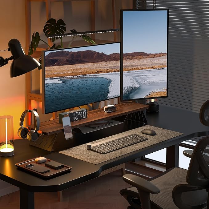 Fenge Dual Monitor Stand, Wooden Desk Shelf with Headphone & Phone Holder | 42.5" Monitor Riser with Storage Shelf, 2-Tier Monitor Shelf with Metal Leg for Home Office Organizer, Brown