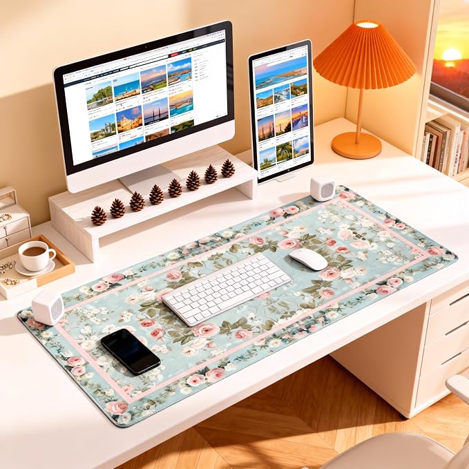 Floral Aesthetic Rose Gaming Mouse Pad, Muted Green Rug Desk Mat with Anti-Slip Base & Stitched Edges,35.4" x 15.7" in Desk Accessories for Women, Home Office Decor & Artistic Gift