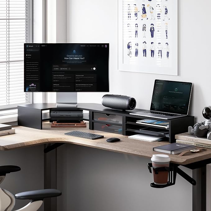 Fenge Dual Monitor Stand, Corner Desk Shelf with Drawer & Slide-Out Tray | Modular Design for Flexible Layouts, 2-Tier Storage Desktop Organizer for Computer, Laptop, Printer and Telephone