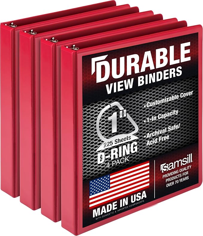 Samsill Durable 1 inch 3 Ring Binder, D Ring Binder, 100% Recycled Chipboard, Red, 4 Pack