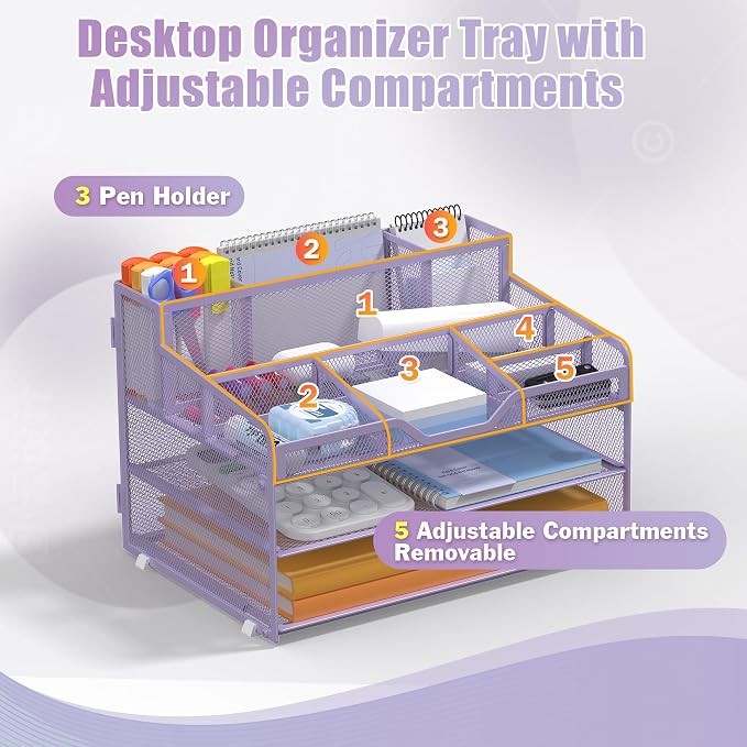 Docnest 3 Tier Mesh Desk Organizer with Letter Tray & Paper Sorter, Purple | Features 3 built-in pen holders & 5 adjustable compartments on top. Includes 4 non-slip rubber feet for desk protection