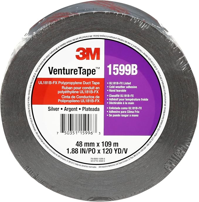 3M Venture Tape UL181B-FX Polypropylene Duct Tape 1599B, Silver, 48 mm x 109.7 m, 3 mil (Pack of 1)