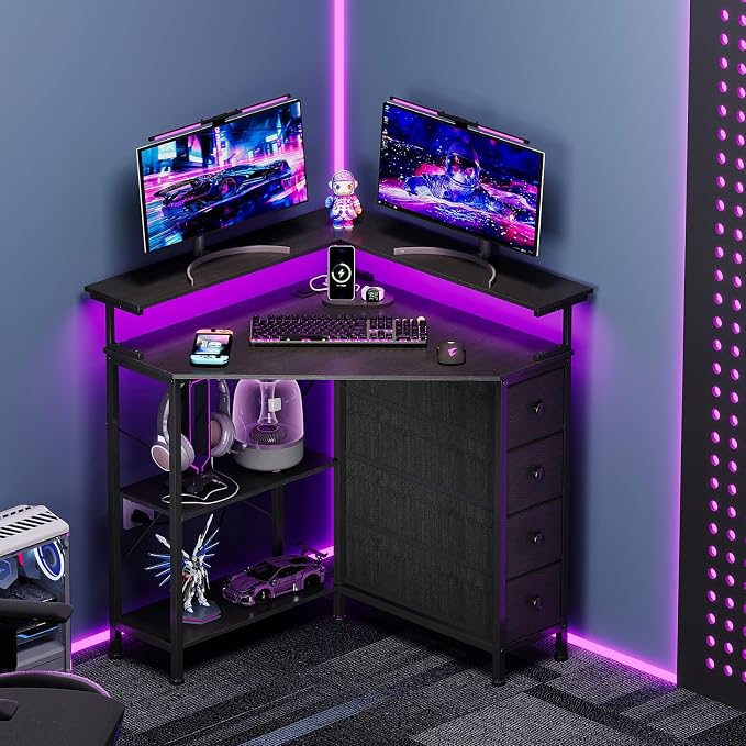 VENNQD Corner Desk with Drawers Shelves for Small Space 90 Degrees Triangle Computer Desk with Power Outlets,Gaming Desk with LED Lights Monitor Stand for Home Office Workstation Writing Table (Black)