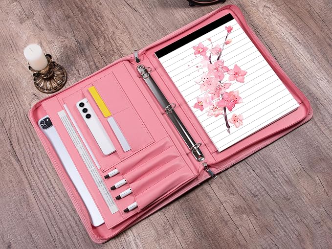 Fashionable Mesh Super Pink PU Padfolio, Vegan Leather Binder Portfolio for Women, 3 Ring Padfolio with Zipper, A4 Planner Binder Laptop Pocket, Legal Size Portfolio, Christmas Gift