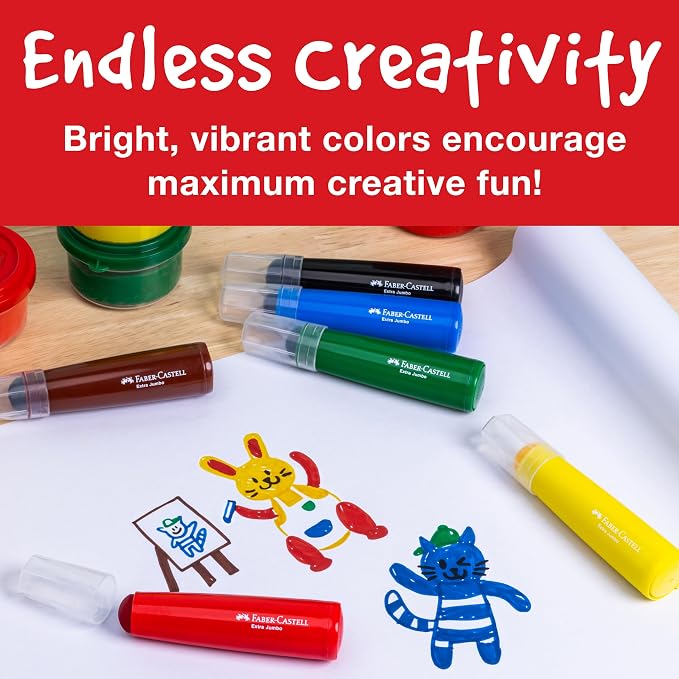 Faber-Castell Little Creatives Extra Jumbo Ultra Washable Markers for Kids - 6 Colors, Back to School Art Supplies | Summer Crafts for Kids | Art Supplies for Toddlers & Preschoolers (Ages 3+)