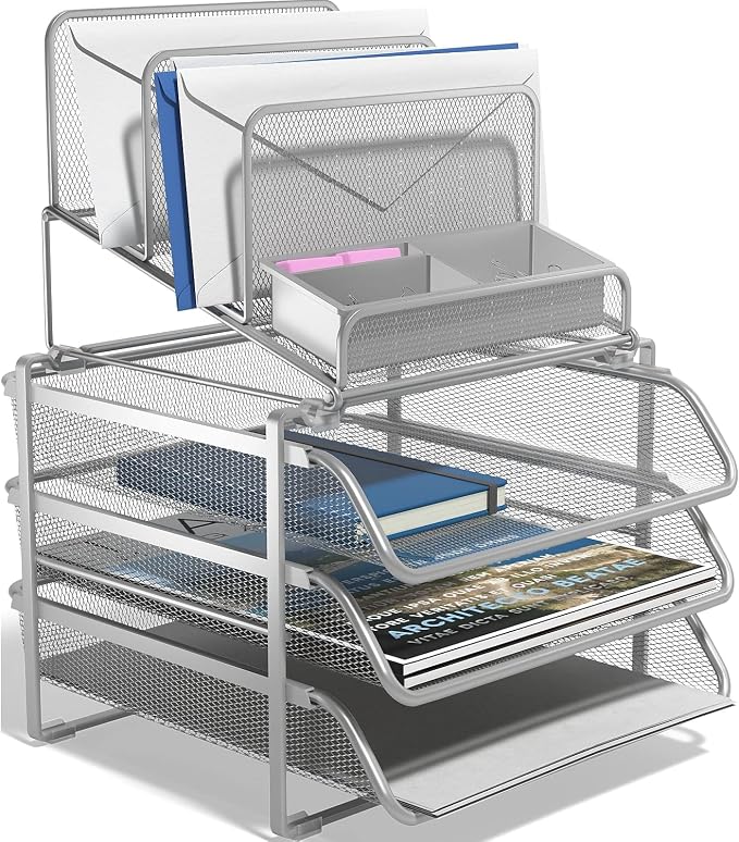 TRU RED All‑In‑One Wire Mesh Desk Organizer, 10‑Compartment, Silver, 2‑Pack – Desktop Storage for Office & Home Use