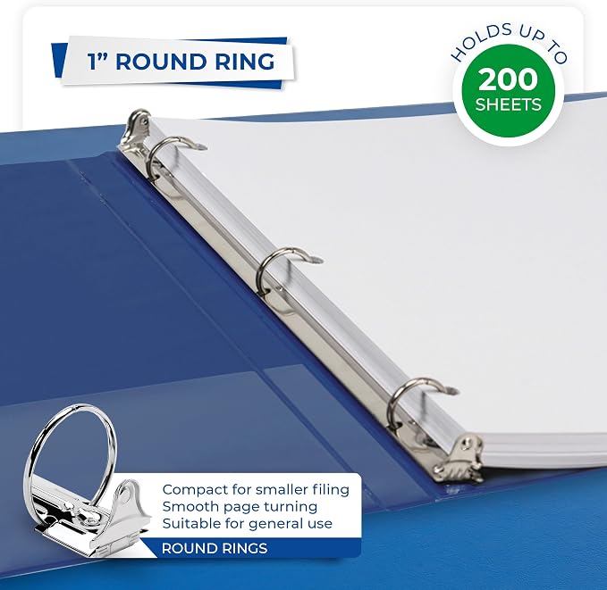 Samsill 1 Inch 3 Ring Binders, Economy Round Ring, Clear View Cover, 200 Sheet Capacity - for School, Home, Office - Blue, 4 Pack