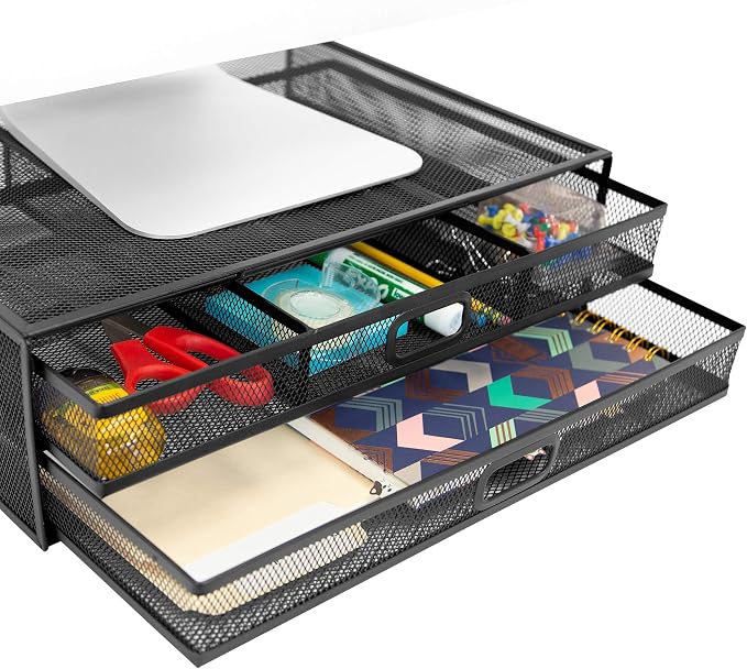 MOUNT-IT! Computer Monitor Stand With Drawers, Metal Mesh Riser and Organizer for Laptops and Computer Screens, Laptop, and Printer Accessories and Office Supplies (Black)