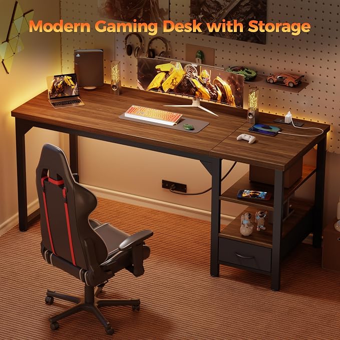 54" Computer Desk with Drawer, 1.2" Thick Reversible Office Desk | Modern Writing Table with Power Outlets & Storage Shelves, Heavy Duty Industrial Executive Desk for Home Bedroom Study Work