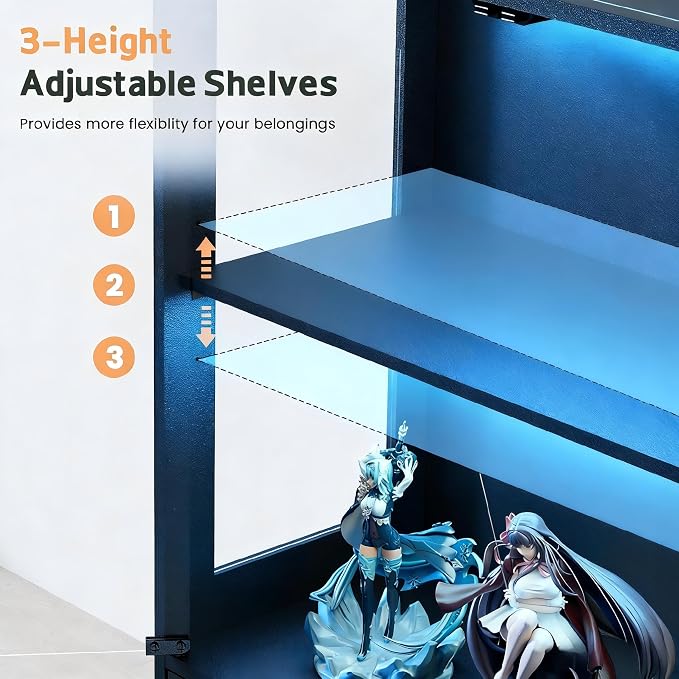 67" Display Cabinet with Glass Doors and 2 Drawers | Black | RGB LED Lights, Pop-Up Glass Doors, Adjustable Shelves, Anti-Tip Design