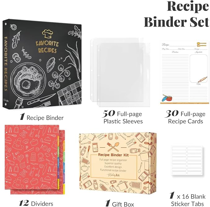 Recipe Binder with Plastic Sleeves, 8.5x11 3 Ring Blank Recipe Book Binder | Premium recipe binder kit with waterproof cover, sleeves, cards, dividers and gift box for preserving recipes-Blackboard.