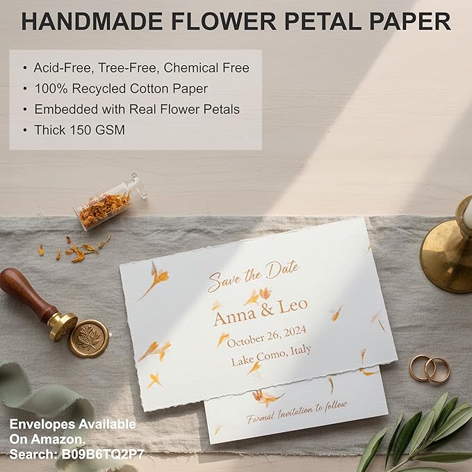 Wanderings Handmade Deckled Edge Paper with Real Flower Petal - 4" x 6" - Thick 150 GSM - 50 Pack - Place Cards, Name Cards for Table Setting, Gift Tags, Invitations, Save the Date, Greeting Cards